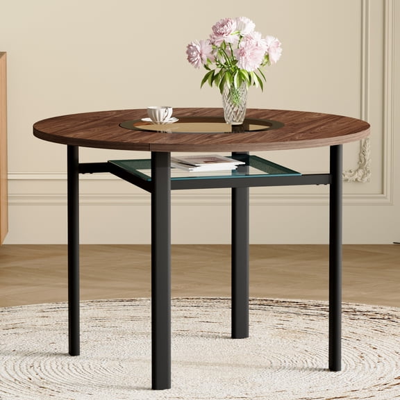 Hi loPres 42" Modern Round Dining Table with Brown Glass Inlay, 2-Tier Kitchen Table with Storage Shelf and Brown Wood Grain for Dining Room and Living Room