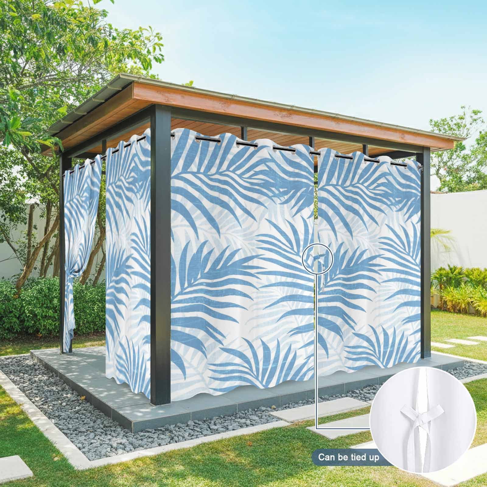 Sky Blue Palm Leaves Outdoor Curtains for Patio, Summer Botanical Tropical Plant Rustic Sunshade Privacy Drapes Grommet Waterproof Outside Curtains for Porch/Cabana/Balcony 54"x 108", 1 Panel