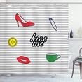 thumbnail image 1 of Kiss Me Shower Curtain, Retro Style Sticker Design Shoe Cup Pin and Red Lips on Monochrome Stripes Backdrop, Fabric Bathroom Set with Hooks, 69W X 84L Inches Extra Long, Multicolor, by Ambesonne, 1 of 3