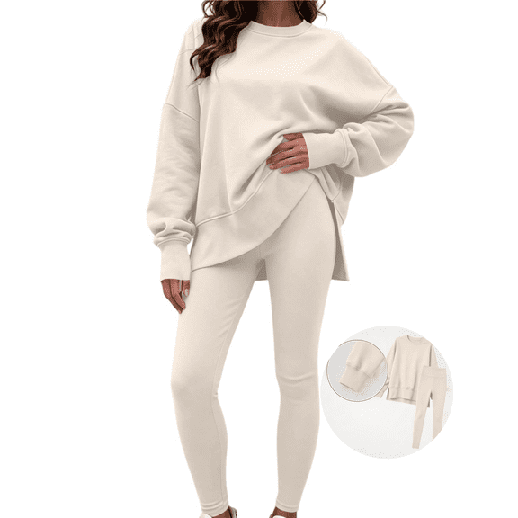 Xdegoge Womens 2 Piece Lounge Sets Oversized Crewneck Long Sleeve Drop Shoulder Tunic Sweatshirt and High Waisted Leggings Casual Fall Workout Tracksuit