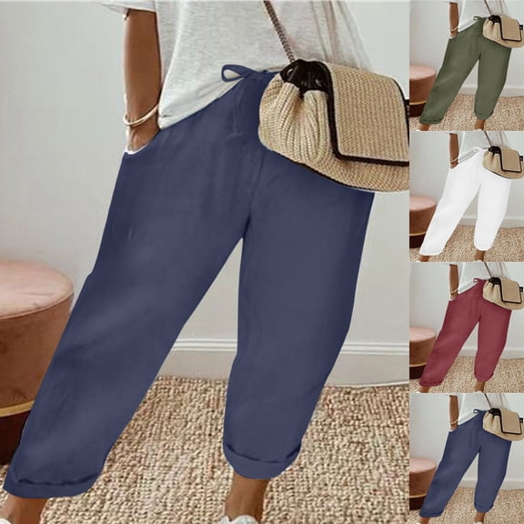 Sentmoon Linen Pants for Women Solid Color Drawstring High Elastic Waist Flowy Pants for Women Summer Plus Size Loose Fit Womens Pants Casual with Pocket for Summer and Hot Weather