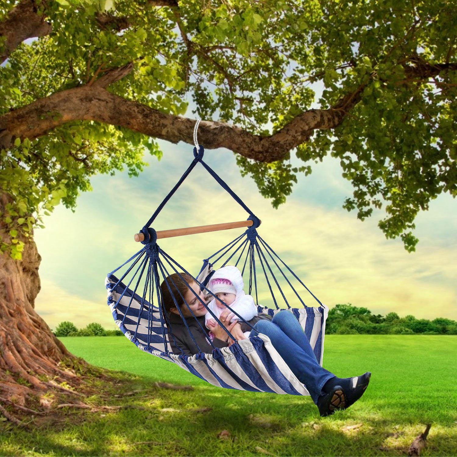 iMountek Hanging Chair Canvas Porch Patio Swing Seat, Portable Camping Rope Seat Wooden Stick Hammock Chair, Blue