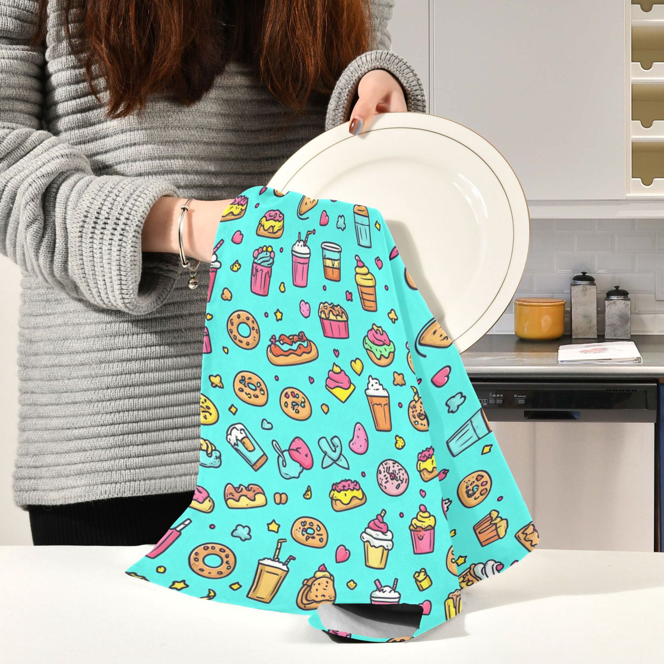 Children's Drawings Food Kitchen Towels 6-Piece Pack Tea Towels for Kitchen Decorative Waffle Design 28x18in