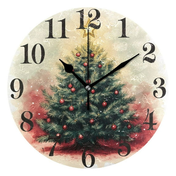 Retro Watercolor Christmas Tree Round Wall Clock Battery Operated Silent Non-Ticking Bedroom Office Kitchen Home School Decor 10"(Black)