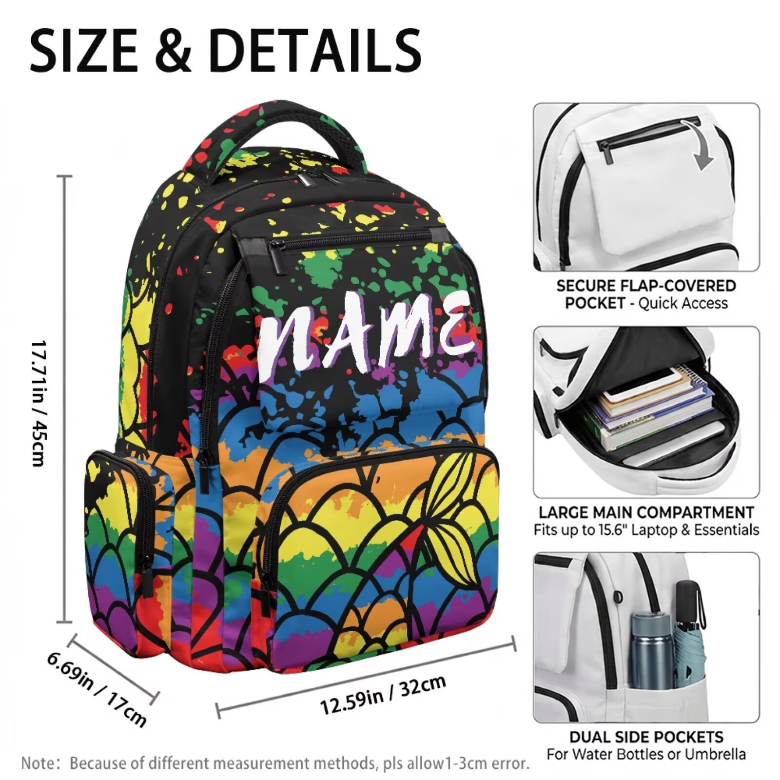 Chririnla Color Fish Scale,Custom Name Print School Backpack Backpack for Boy Girl,Students School Bag 17 Inch School Bag Teenager Laptop Bag for Travel