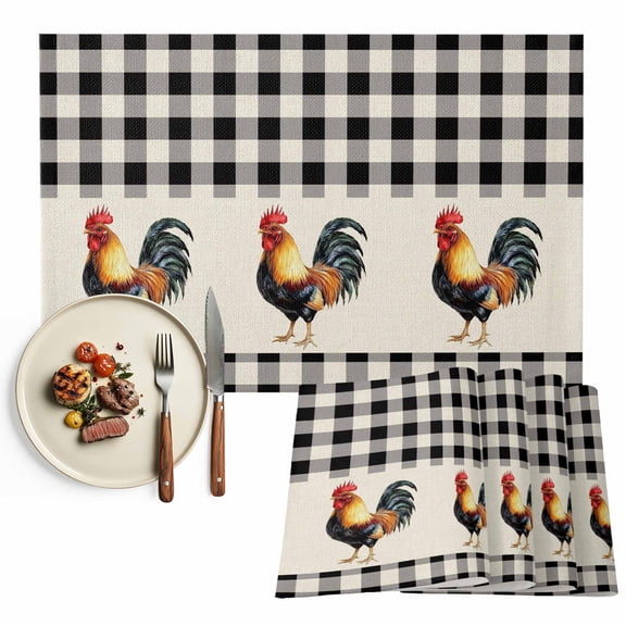 Farmhouse Rooster Placemats Set of 8, Vintage Black White Check Plaid Table Mats Washable Heat-Insulation Non-Slip Place Mats for Kitchen Dinner Table Indoor Outdoor Decor,13x19 Inch