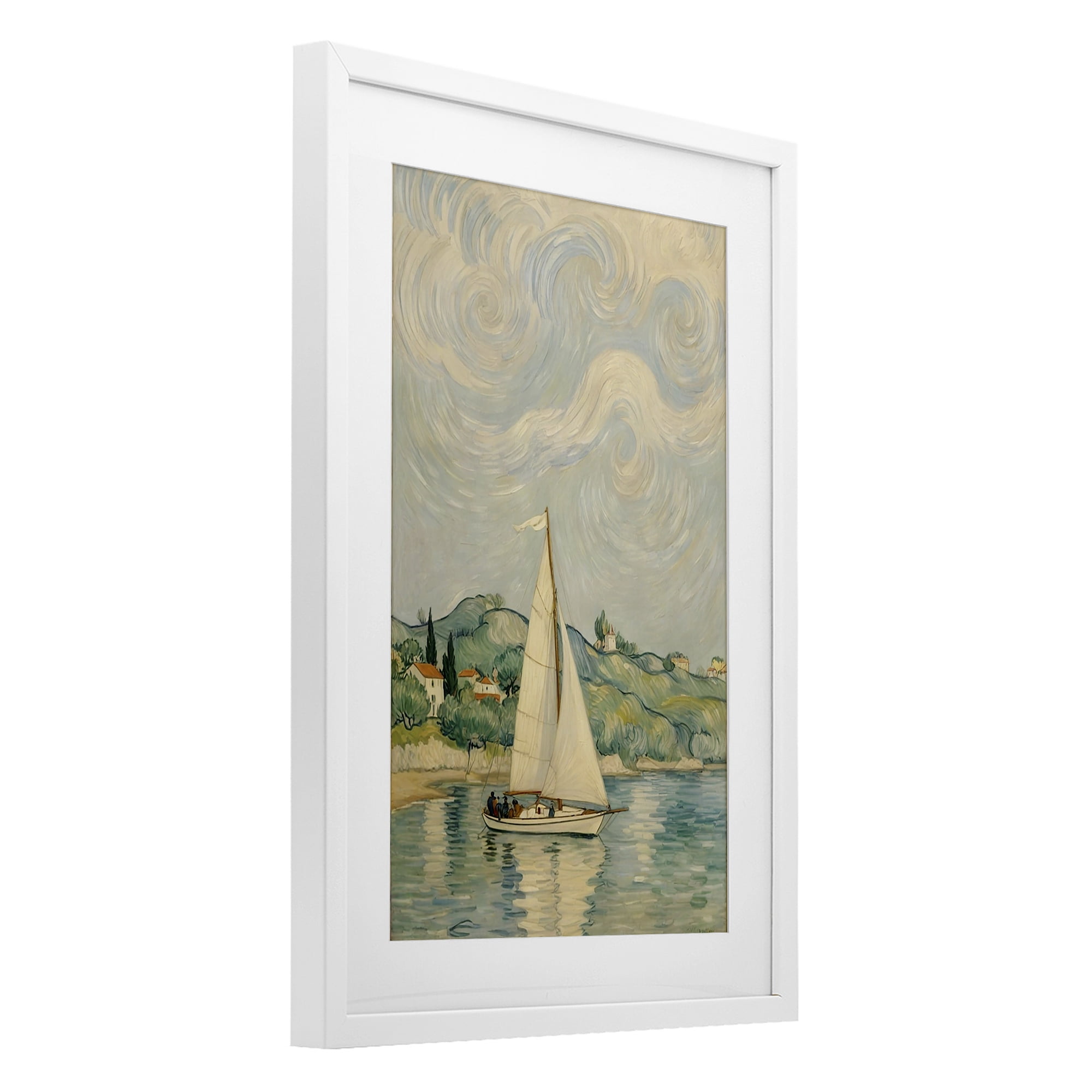 Stupell Industries Sailboat Beneath Swirling Clouds White Framed Print Under Glass, design by Angie Hawke