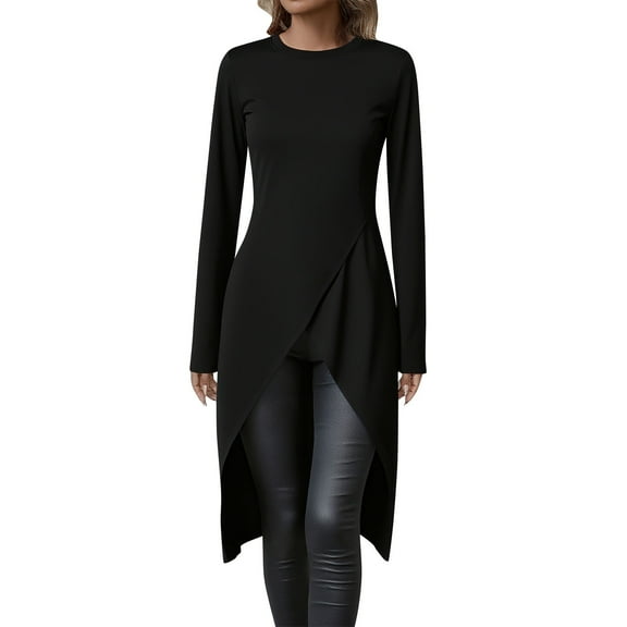 THDHVS Tshirts Shirts for Women,Womens Tops Long Sleeve,Women Solid Color Round Neck Pullover with Long Sleeve andIrregular Hem for Halloween Themed Wear andDaily Casual Style Black XL