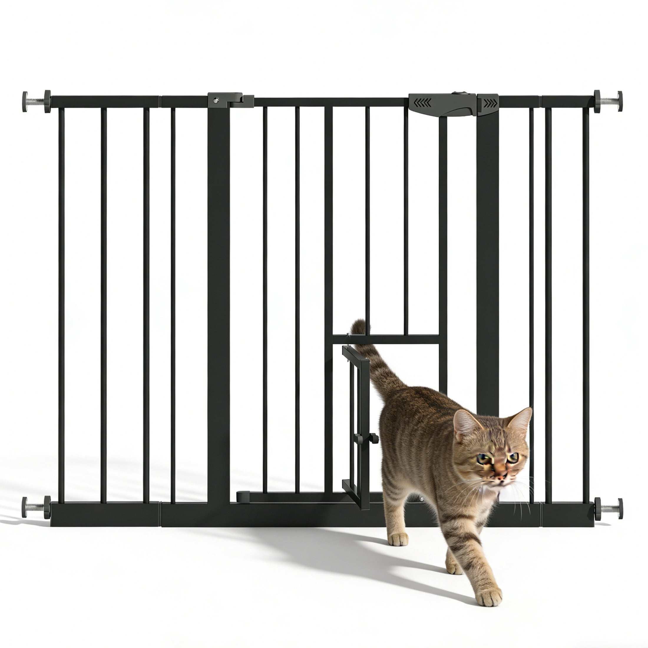 Noble House 44" Wide Pressure Mounted Baby Gate with Cat Door, Walk-Through Steel Pet Safety Gate, Black