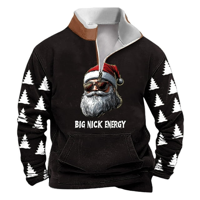Sudadera sin capucha para hombre, de invierno, con cuello alto, cremallera, estampado navideño, jersey de manga larga, sudadera con capucha, blusa de poliéster para hombre