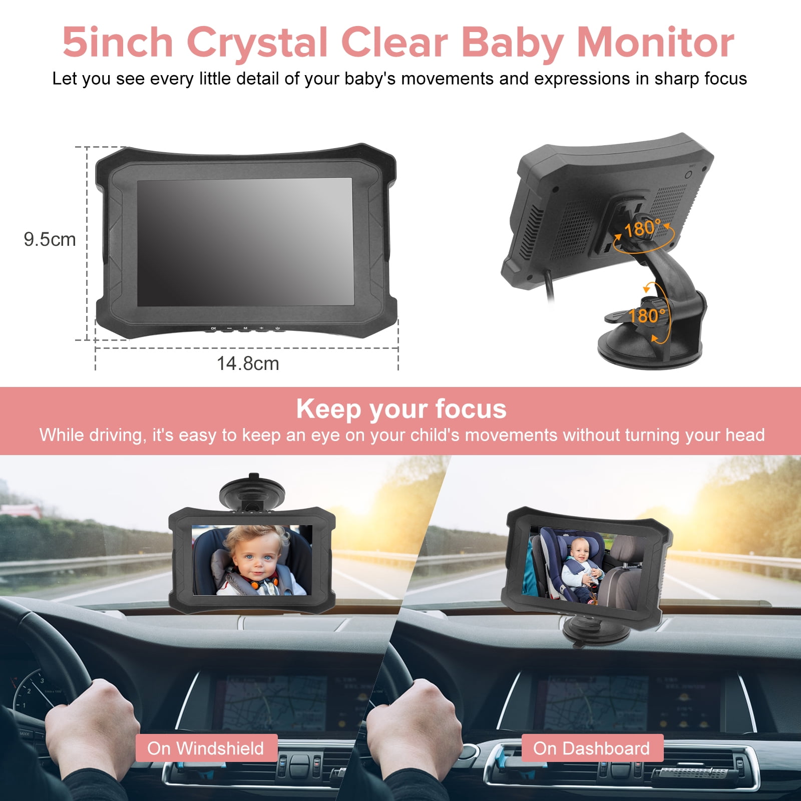 Baby Car Camera 5 inch Monitor for Backseat Simple Installation Carseat Camera with Rear-Facing Infant Monitoring IR Night Vision and 360° Rotatable Baby Car Monitor for Children(Pink))