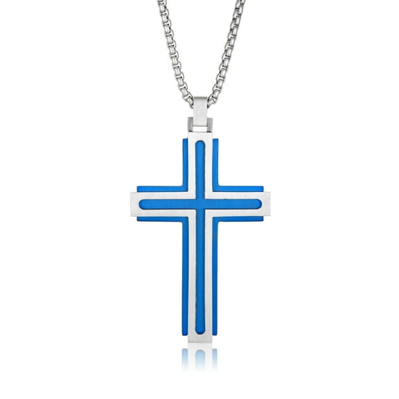 Blue Ion Plated Stainless Steel Two Tone Cross Pendant - 24 Inch Round Box Chain