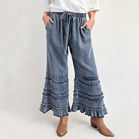 Mutghys Wide Leg Jeans for Women Ruffle Hem Elastic Waist Drawstring Solid Color Denim Jeans with Pockets Vacation Party Loose Comfy Casual Jeans S-2XL