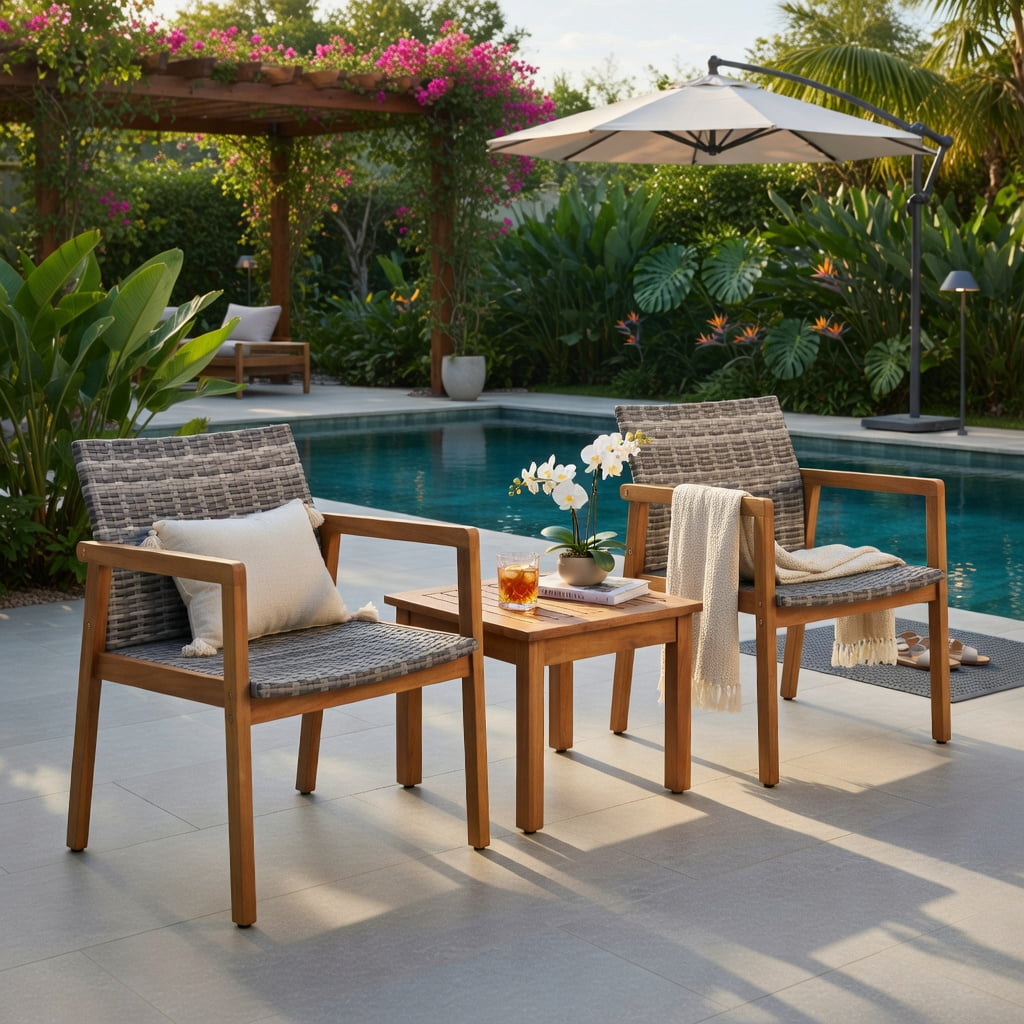 Hommoo 3-Piece Outdoor Patio Furniture Set, PE Rattan Chairs + Acacia Wood Coffee Table, Weather-Resistant, Ideal for Garden, Poolside & Courtyard, Gray & Natural
