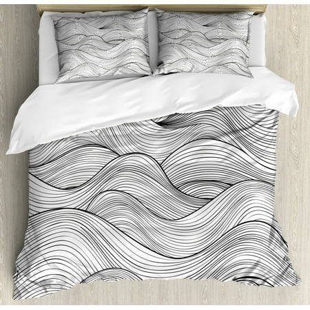 Dark Grey Duvet Cover Set Abstract Geometric Waves Ocean Sea