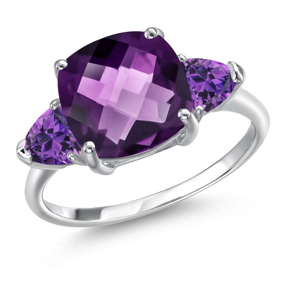 Gem Stone King 10K White Gold Purple Amethyst Engagement Ring for Women | 3.80 Cttw | Cushion Checkerboard 10MM | Gemstone February Birthstone | Size 8