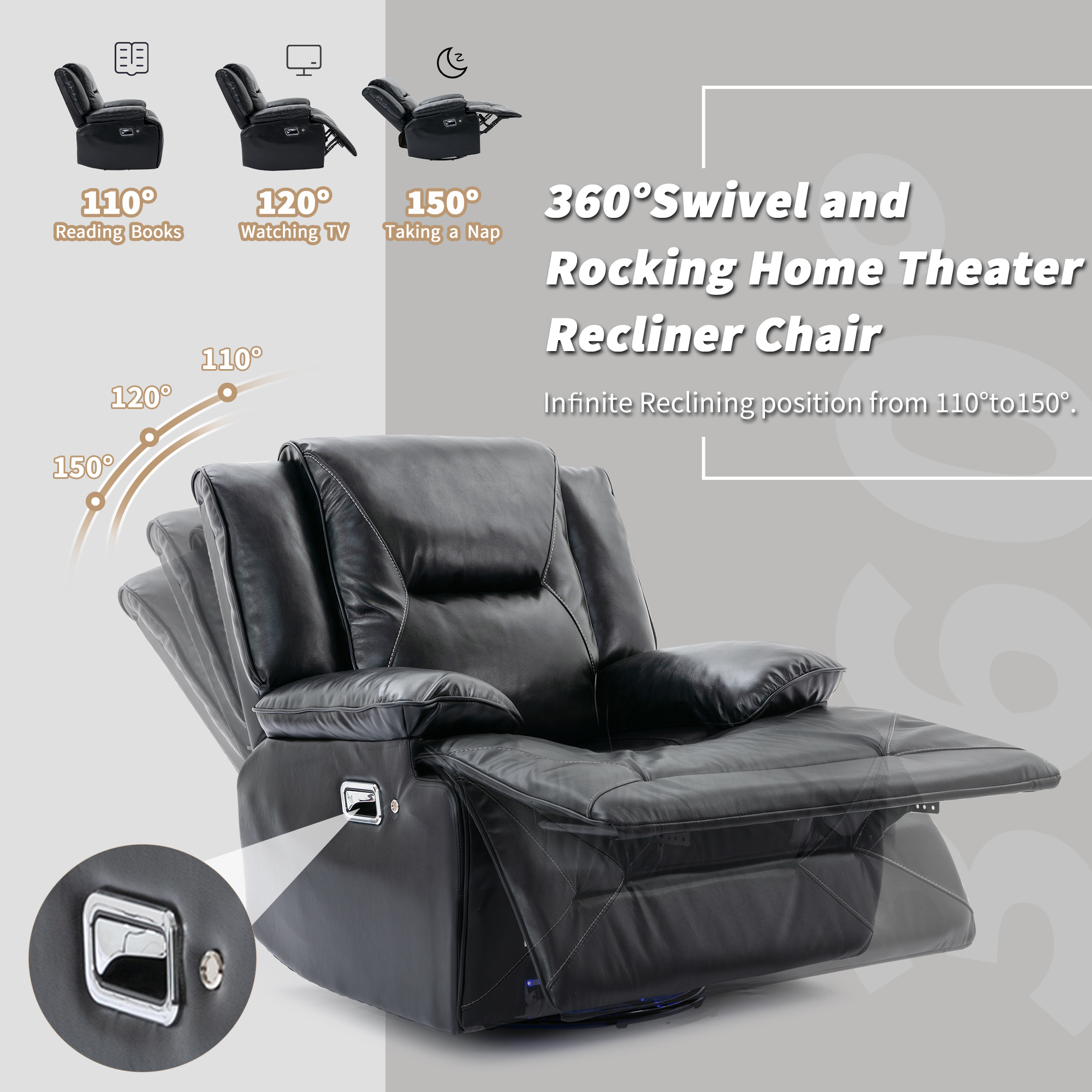 Euroco 3 Seater Home Theater Recliner Manual Recliner Chair with a LED Light Strip Two Built-in Cup Holders for Living Room,Bedroom, Black