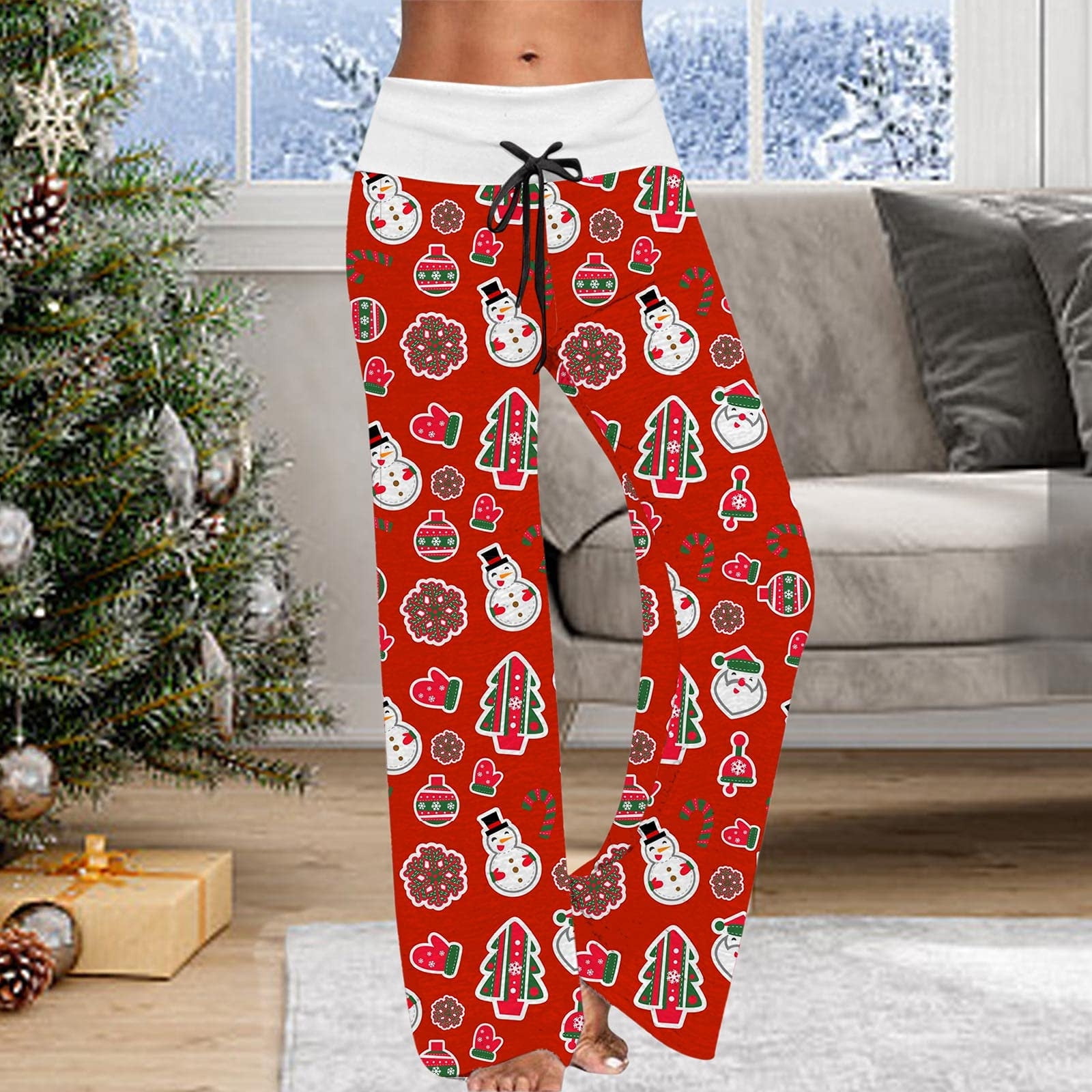 BLVB Pajama Pants for Women Christmas Snowflake Print Elastic Waist  Drawstring Wide Leg Pants Casual Lounge Trousers