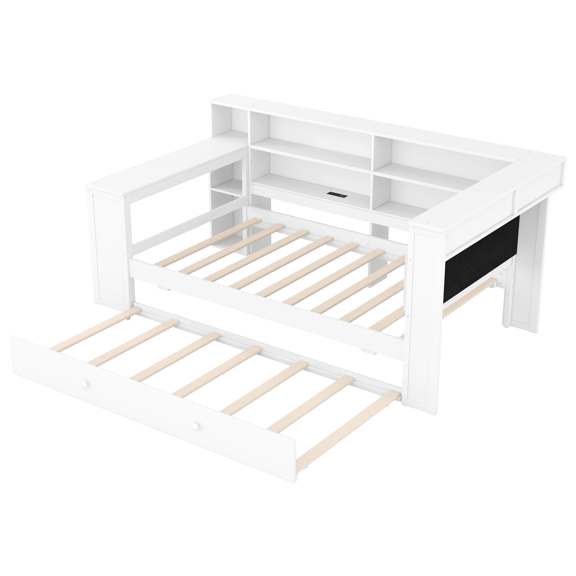 Euroco Wood Twin Size Platform Bed with Desk and Trundle, Storage Bed with Shelves, LED Light and USB Charging, White