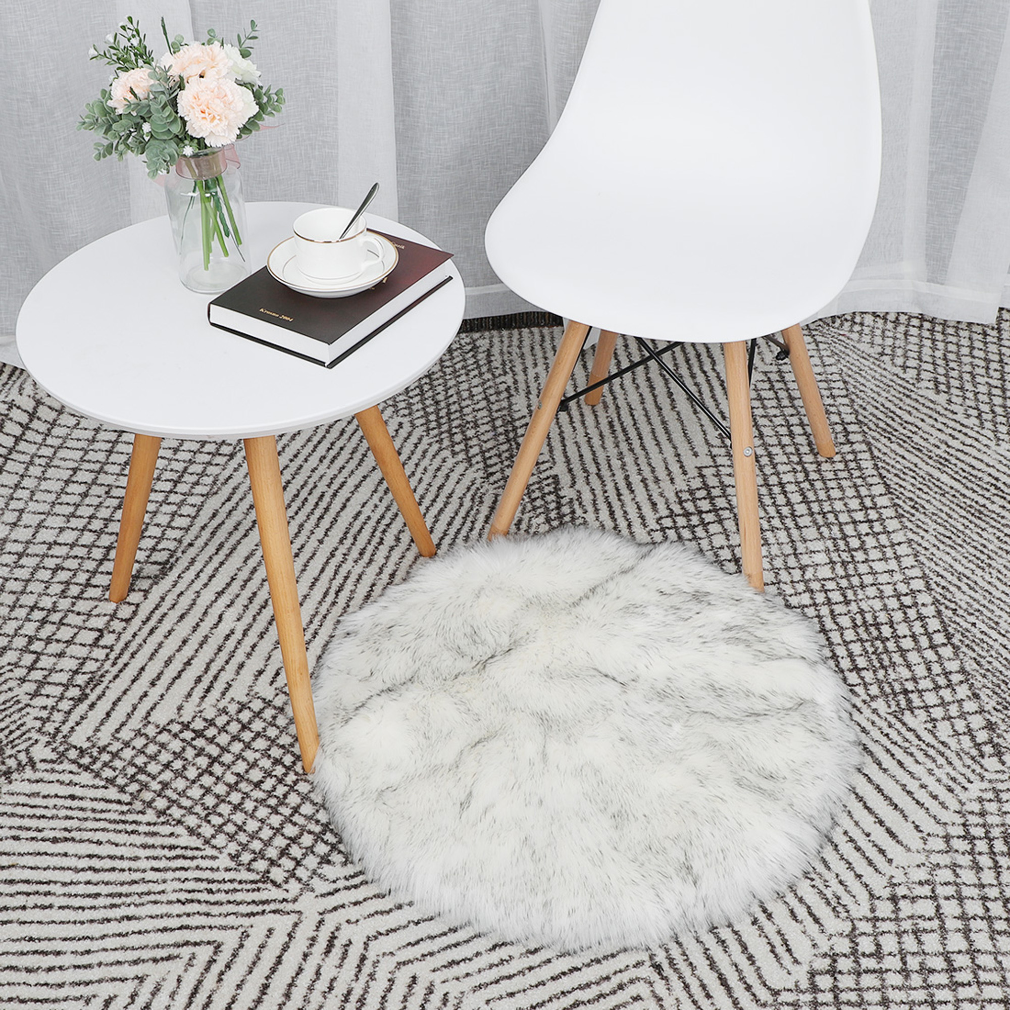 PiccoCasa Soft Faux Sheepskin Plush Rectangle Area Rug Indoor, 2 feet Round, White + Black