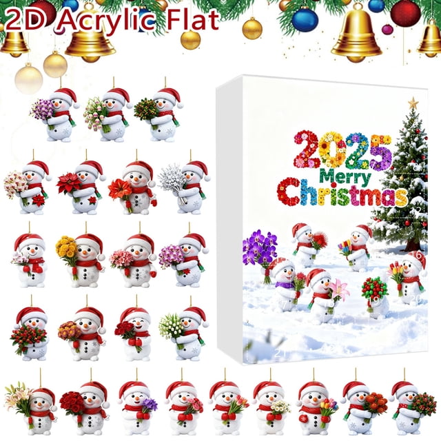 CJiaWei 2025 2D Snowman And Acrylic Hanging Advent Calendar 24 2D Flat Snowmen Holding Double Printed Realistic Pattern.