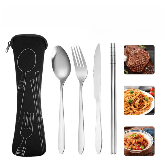 (4PCS) Reusable Flatware Sets, Stainless Steel Knife, Fork, Spoon, Portable Travel with Carry Pouch for Tableware