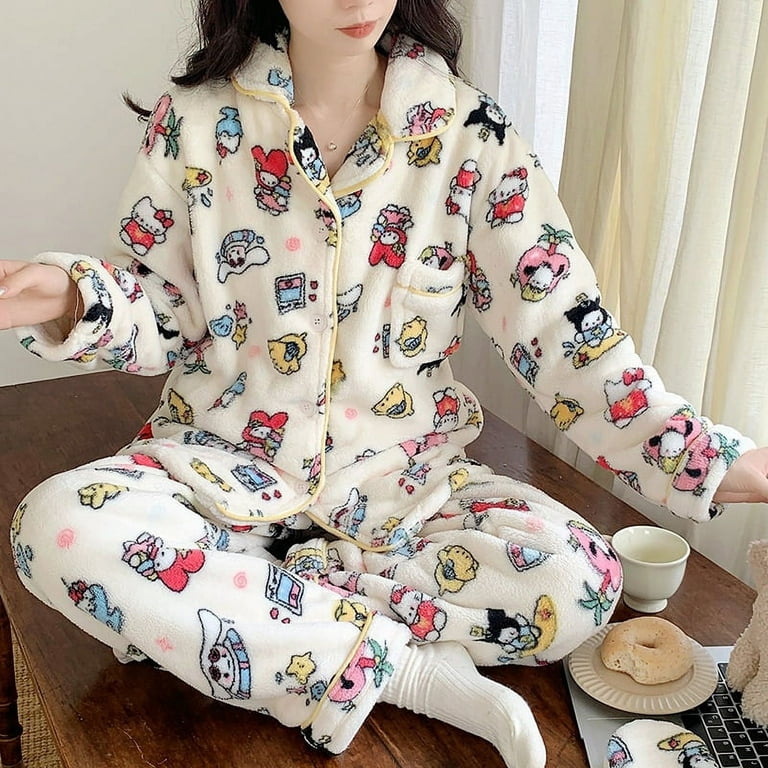 Sanrioed Cute Kitty Y2K Cartoon Pajamas Anime Cinnamoroll Plush Nightwear  Suit Kawaii Homewear Autumn Winter Girl Sleepwear Gift