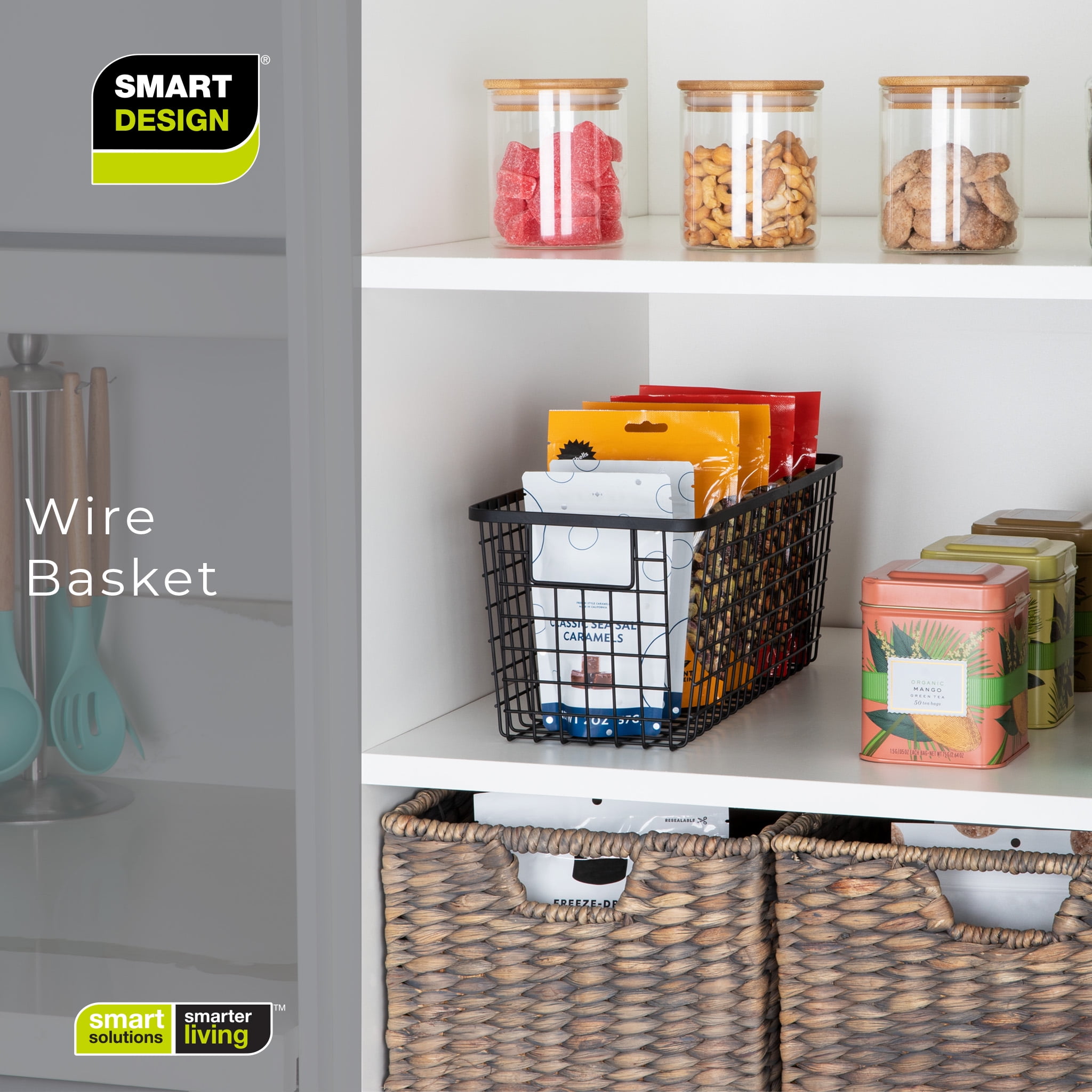 Smart Design Nestable Basket Organizer with Handles - 6 x 16 x 6 inches - Black - Set of 4