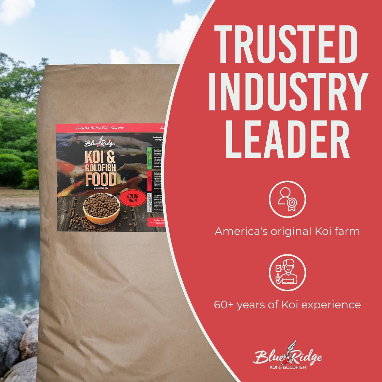 Blue Ridge Koi Fish Food 25lb - Koi Food Color Growth Formula, Goldfish Food, Premium Fish Food for Ponds, Ponds Fish Food, Floating Pond Pellets