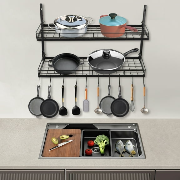 2 Racks Iron Pot and Pan Rack Organizer Hanger Storage Wall Holder Kitchen Cookware Hanging for Kitchen