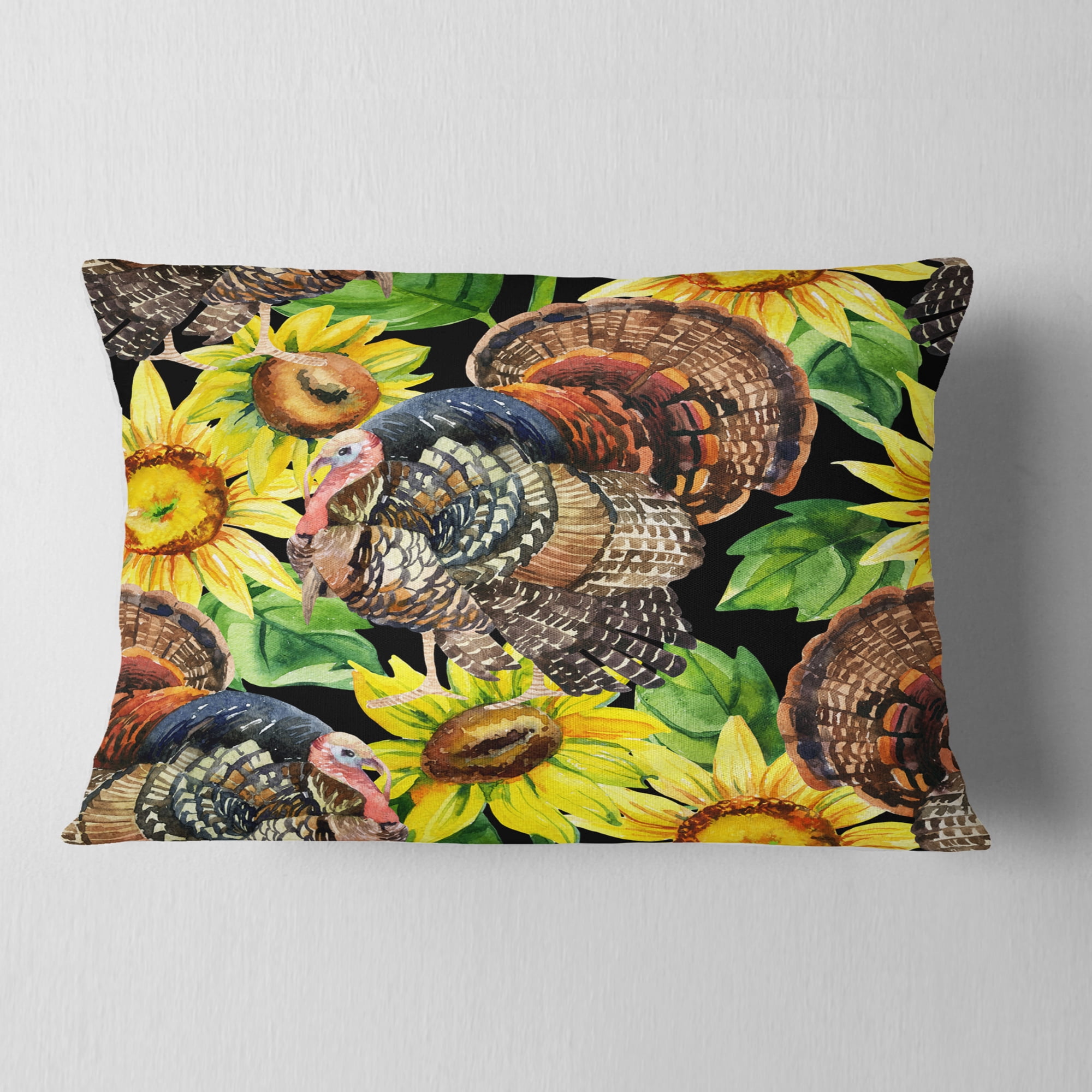 Designart Turkey Bird with Sunflowers - Floral Throw Pillow - 12x20