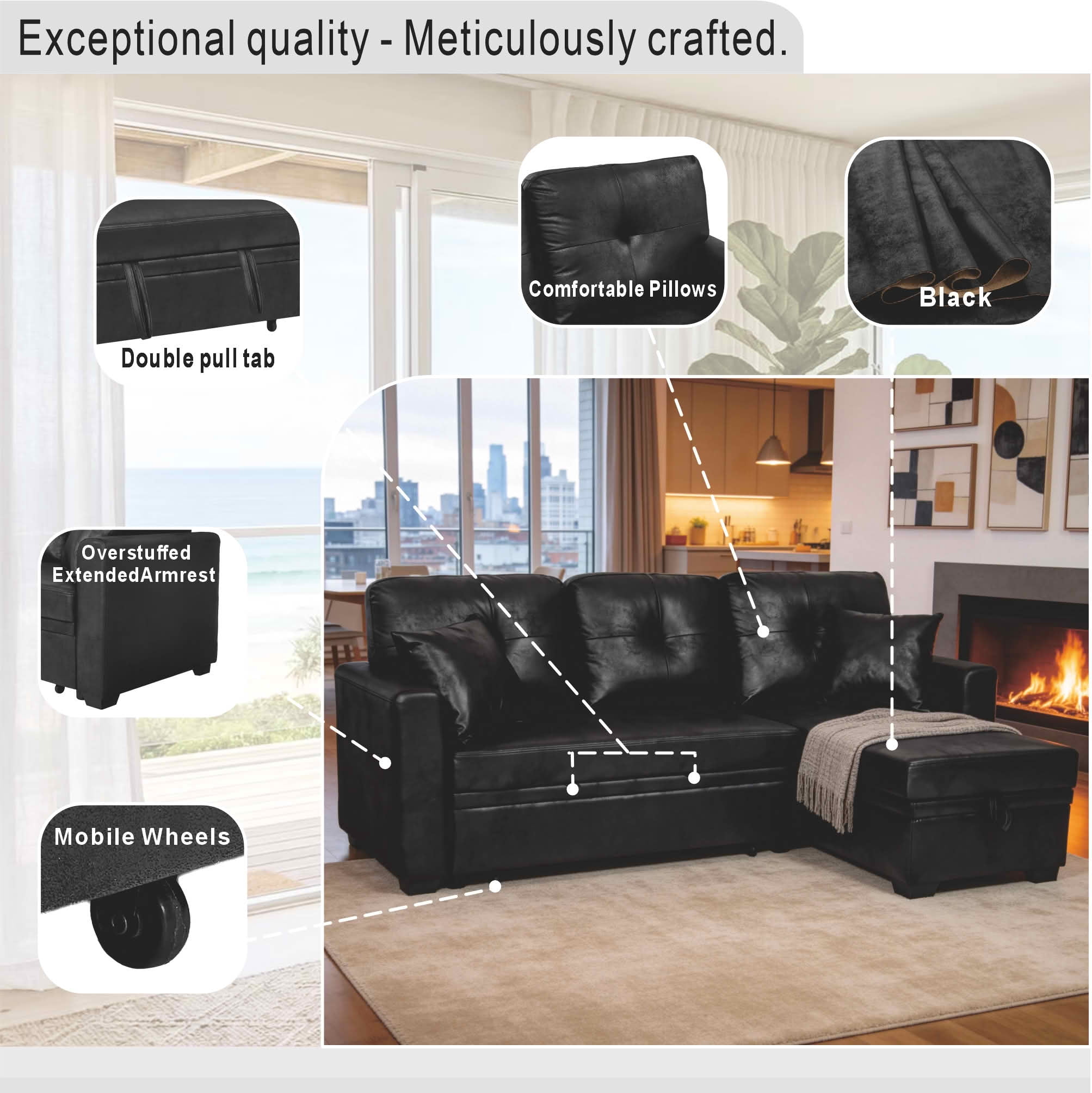 MAYEERTY 71" Breathable Fabric Sleeper Sectional Sofa, L-Shaped Convertible Pull-Out Sofa Bed with Reversible Chaise & Hidden Storage, Multi-Functional