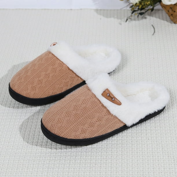 Pantuflas de lana tejidas y esponjosas, pantuflas de algodón para el interior del hogar, pantuflas de algodón cálidas y gruesas con fondo grueso
