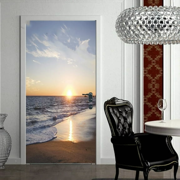 D Green Tree Bamboo Candle Door Stickers Bedroom Bathroom Jungle Coconut Palm Bridge Door Wallpaper