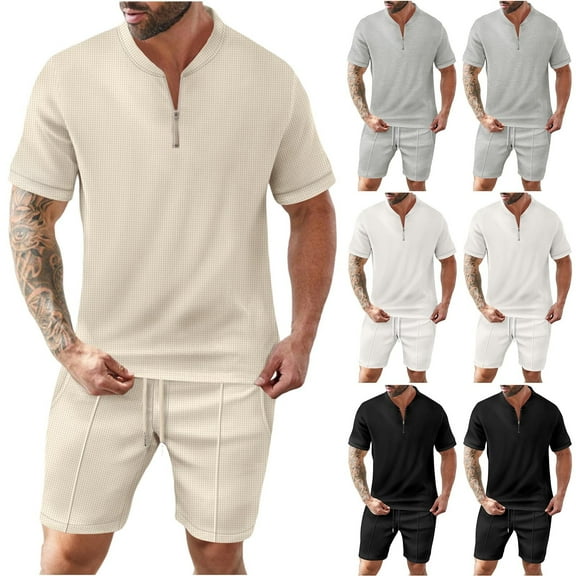 cllios Mens Tracksuit Summer 2 Piece Outfits Casual Zipper V Neck Shirts with Shorts Sets Short Sleeve Sweatsuits Waffle Workout Sets