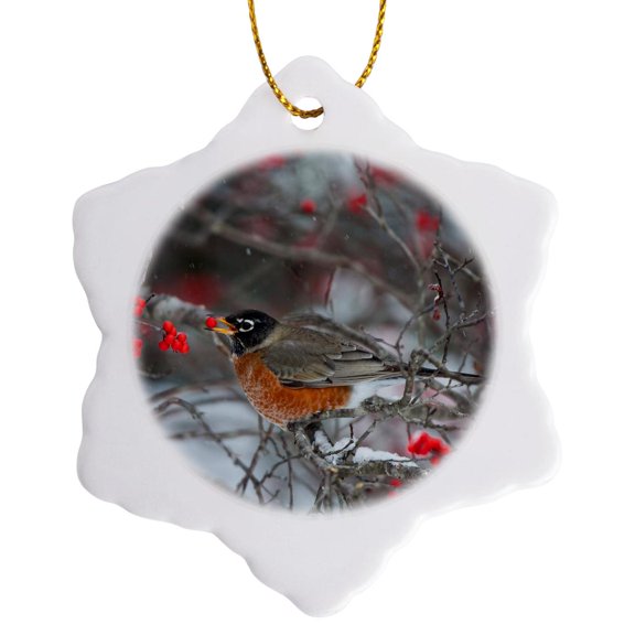 3drose, American Robin Eating Berry in Common Winterberry Bush in Winter, 3 inch Snowflake Porcelain Ornament