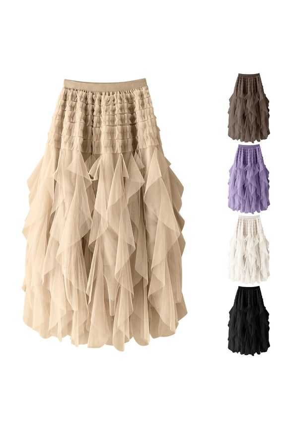 Midi Tulle Ruffle Edge Skirts for Women Length Irregular Hemline Elastic Waist Solid Color Tulle Skirt Purple Free Size