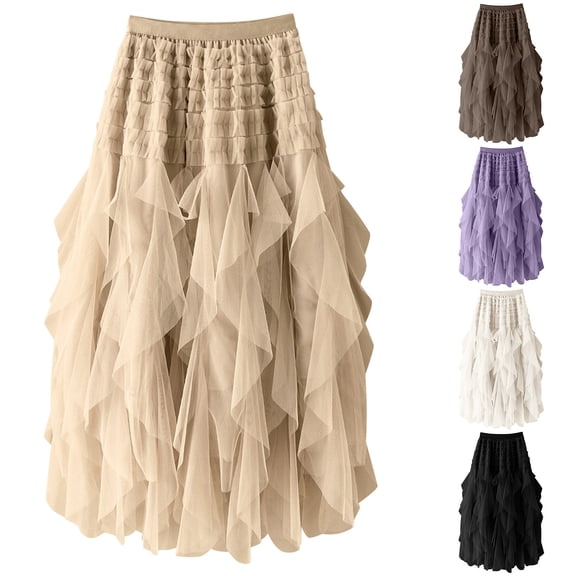FRSASU Women's Elegant Maxi Skirt High Elastic Waist Asymmetrical Ruffle Tulle Flowy Party Evening Skirt Purple