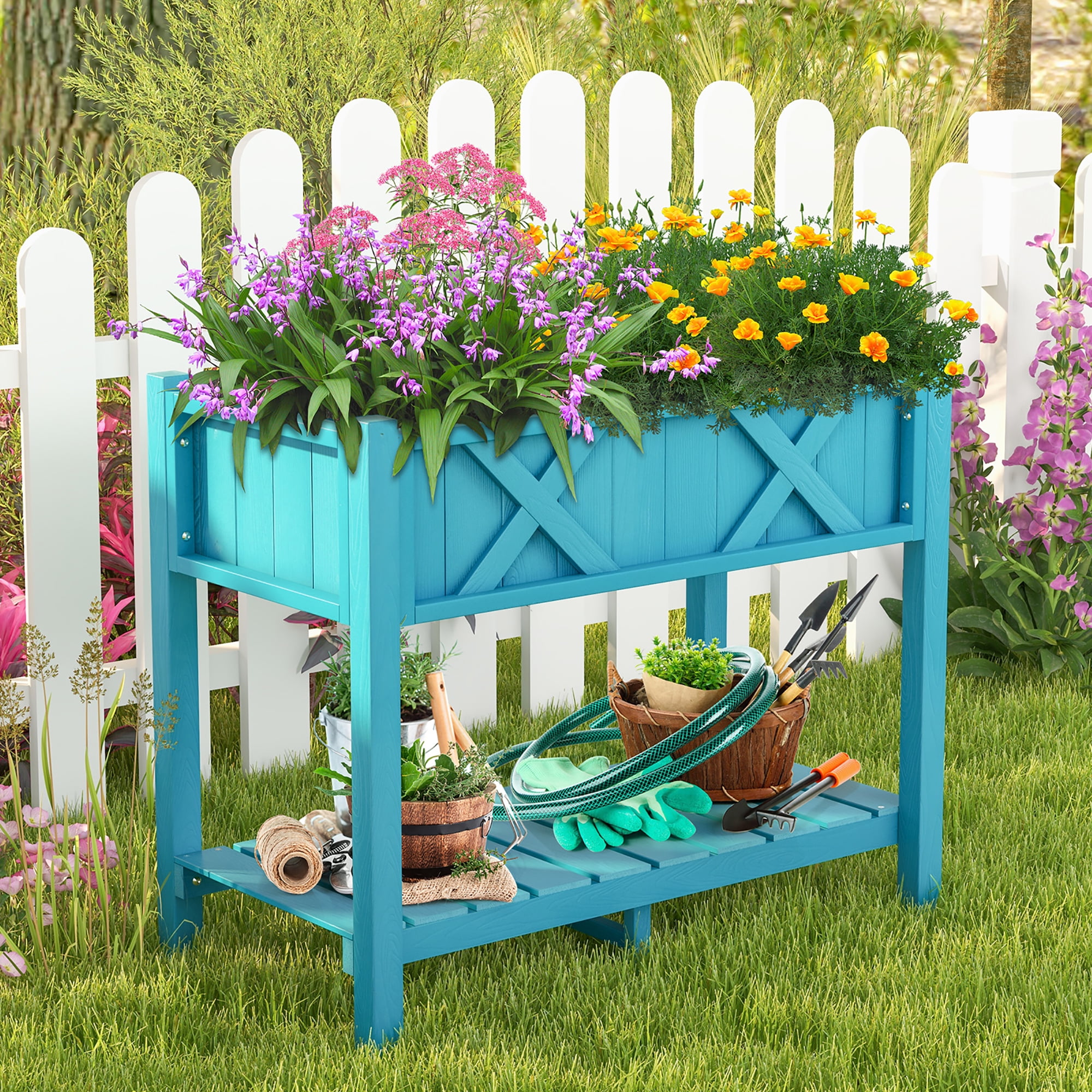 Gymax HIPS Raised Garden Bed Poly Wood Elevated Planter Box w/ Legs & Storage Shelf Blue