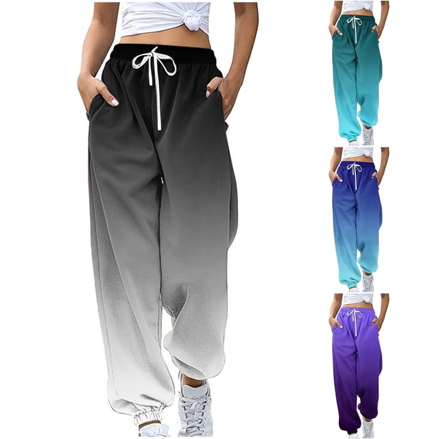 Sentmoon Women Sweatpants Oversized Drawstring High Waist Women Pants Casual with Pockets Loose Wide Leg Gradient Color Breathable Beach Pants for Women Fall Casual for Vacation Trip L