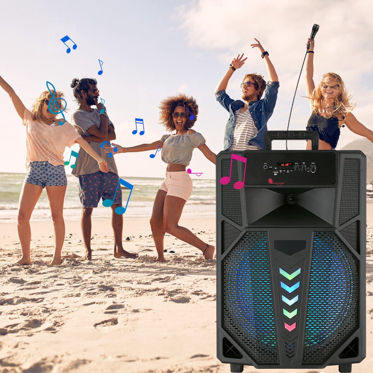15" Woofer Portable Wireless Party Speaker with Microphone, RC, LED, Black,USB/TF/BT/AUX/FM/TWS