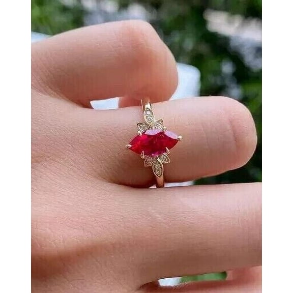 1Ct Marquise Cut Lab Created Red Ruby Women's Wedding Ring 14K Yellow Gold Plated Sterling Silver