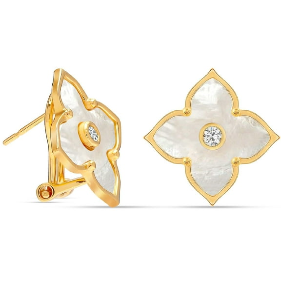 LeCalla 925 Sterling Silver MOP Omega Back Clip-On Earring 14K Gold Plated CZ Mother of Pearl Minimalist Malachite Flower Large Stud Earrings for Women - 20MM