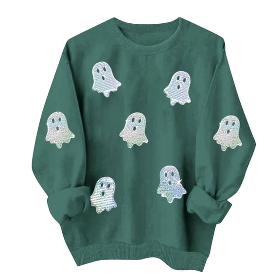 Zormilly Halloween Sweatshirts for Women Sequin Ghost Crew Neck Oversized Sweatshirt Spooky Season Fashion Fall Outfits, S-3XL