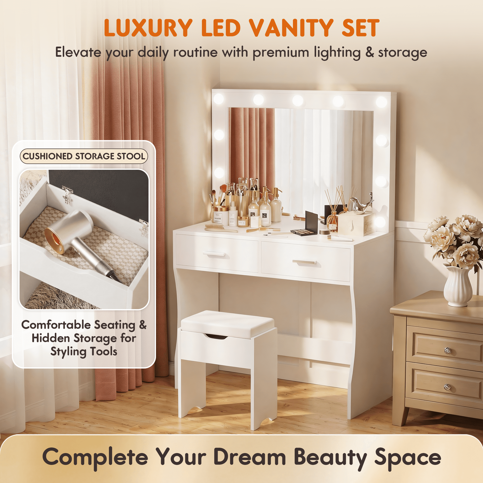Furmax Makeup Vanity Table Set with Lights and Mirror Vanity Desk with Drawer and Chair, White