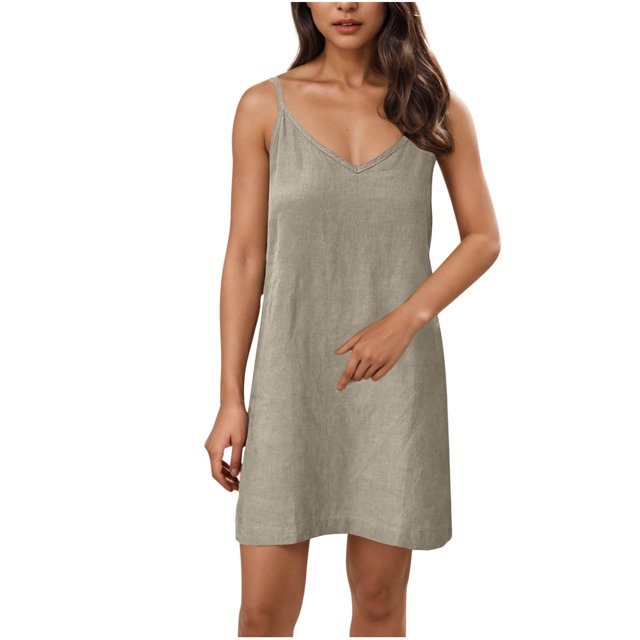 Dvprdro Robe Mini en Coton d'Été à Bretelles Spaghetti pour Femmes 2025 Décontractée Classique Solide Confortable Légère Col en V Robe de Plage Soleil
