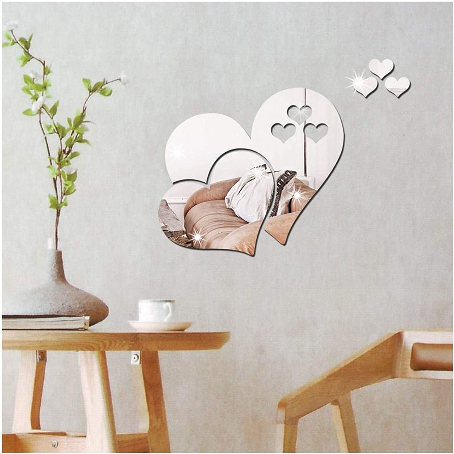 Heart Shape Mirror Wall Sticker,3D Art Wall Decal,Removable Mirror Wall Sticker for Home Living Room Bedroom Bathroom Kids Room Decoration,Silver