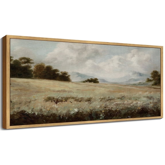 Drsoum Vintage Wall Art Rustic Grassland Meadow Landscape Painting Retro Wilderness Scenery Farmhouse Kitchen Living Room Decor 8x16in Natural Framed