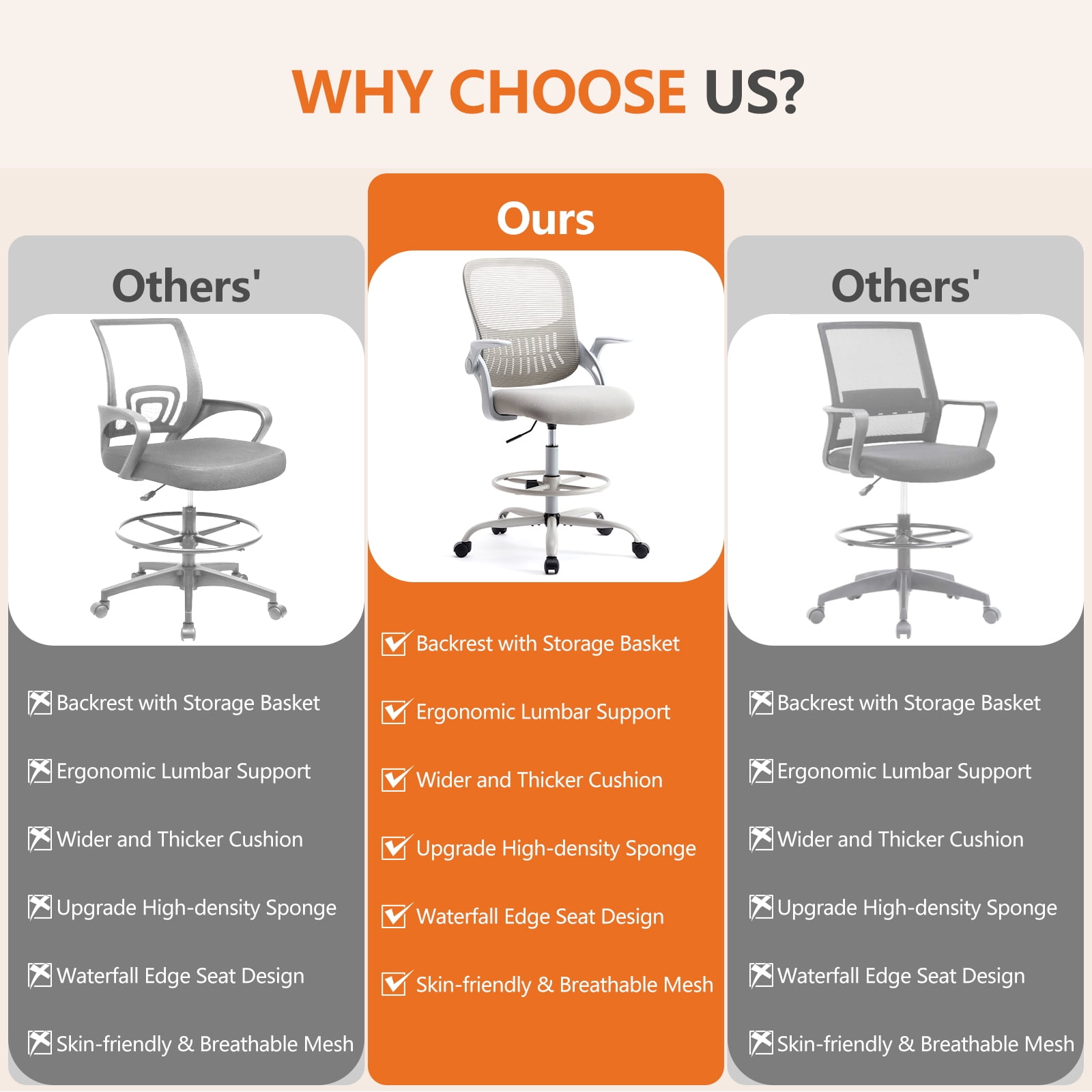 CONCETTA Ergonomic Desk Chair with Adjustable Foot Ring, Flip-up Armrests & Lumbar Support, Gray