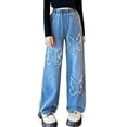 thumbnail image 2 of Virmaxy Solid Color Frayed Hem Butterfly Jeans Mid Elastic Waist Wide Leg Loose Casual Summer Outerwear Denim Pants for 5-15 Years Blue, 2 of 9